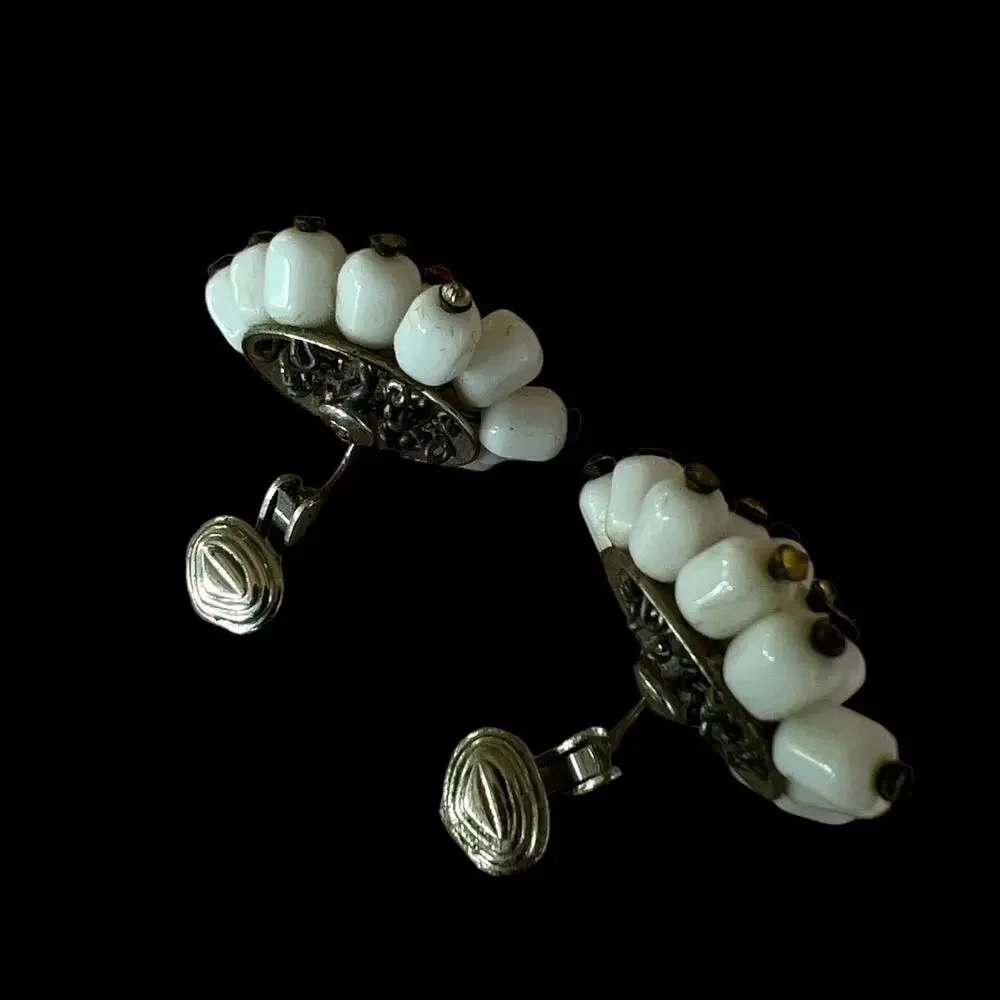 Mid Century Castlecliff White Vintage Beaded Clip On Earrings 50s Pinup Style